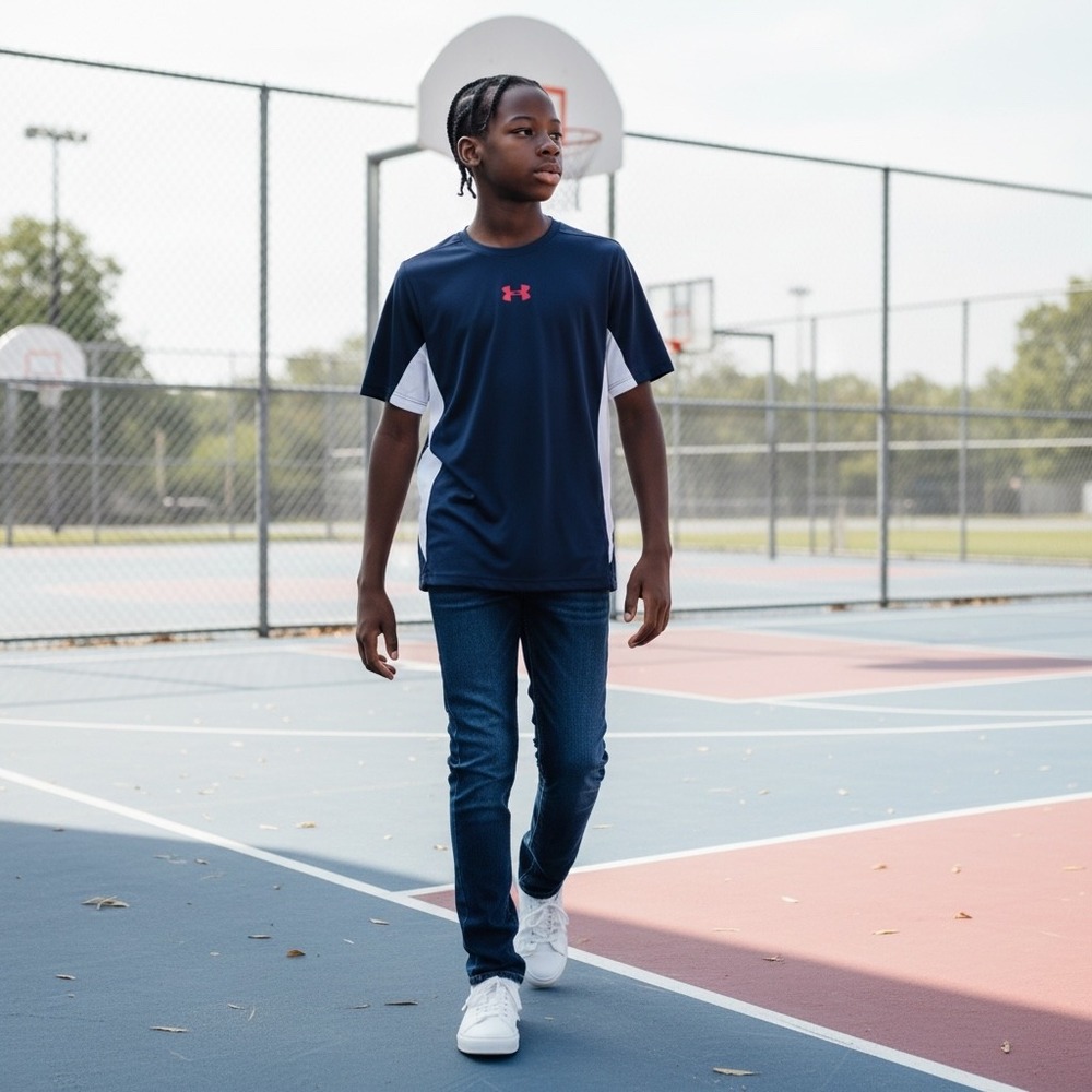 Under Armour Boys HeatGear Navy‎ Blue White Colorblock Athletic Shirt YLG